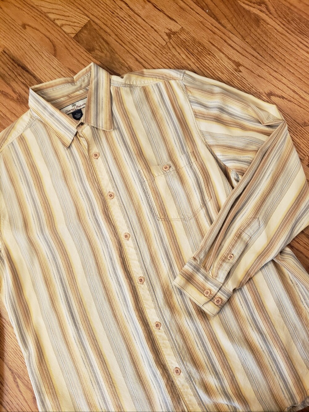 Tommy Bahama Tans, Soft Yellow & Brown Striped Button-Down Shirt Size: L